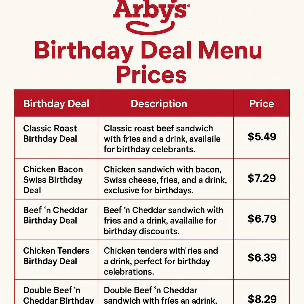 Arby’s Birthday Deal Menu