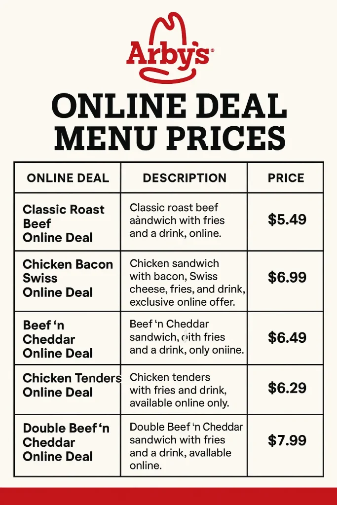 Arbys Online Deal Menu Prices