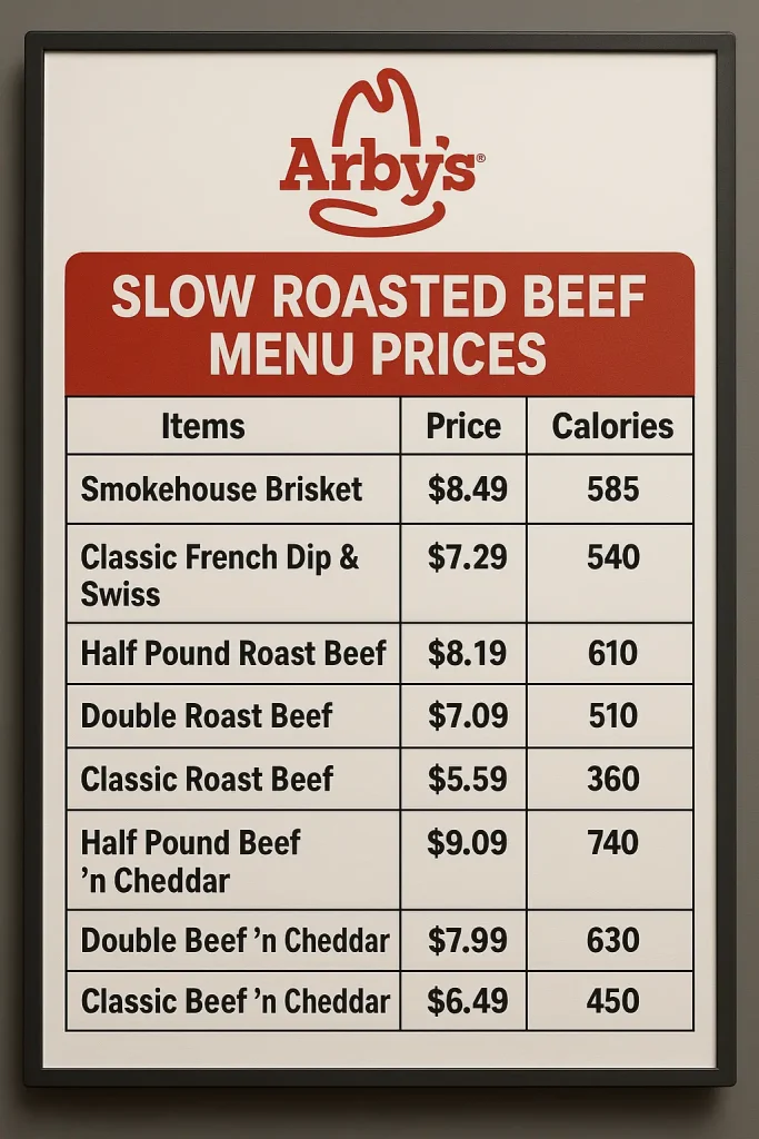 Arbys Slow Roasted Beef Menu With Prices