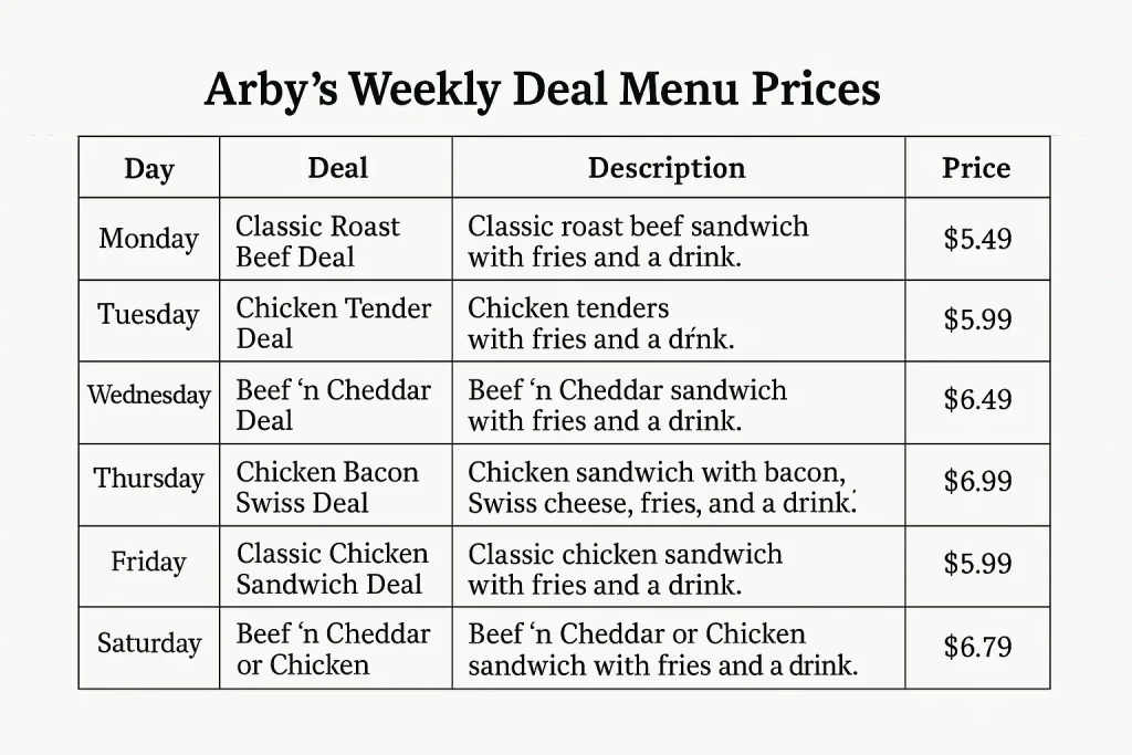 Arbys Weekly Deal Menu Prices