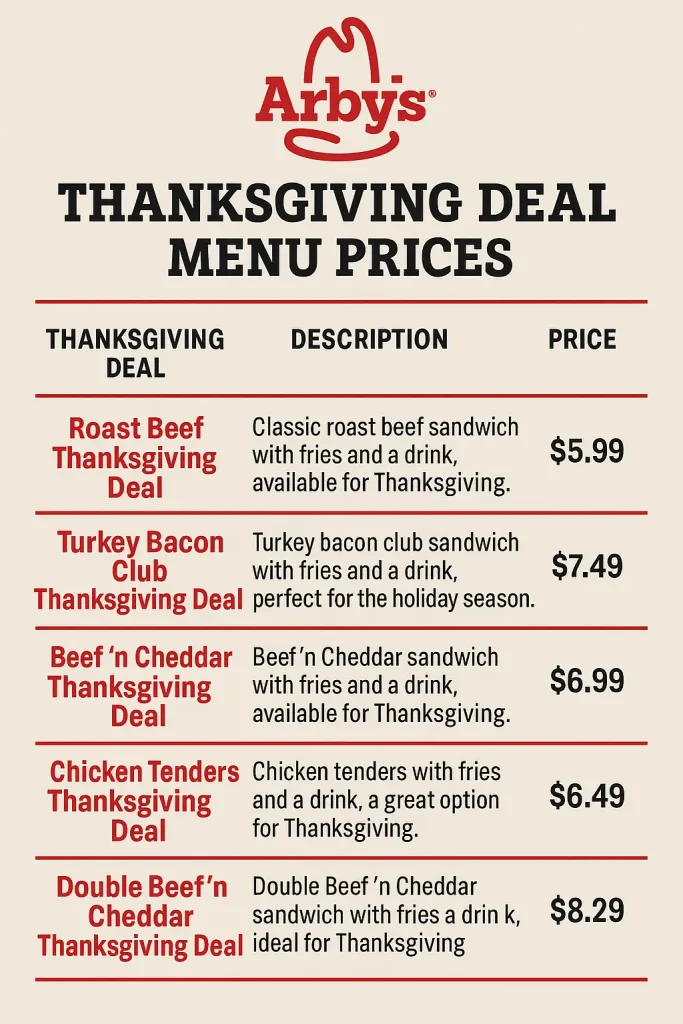 Arbys thanksgiving deal​ Menu prices